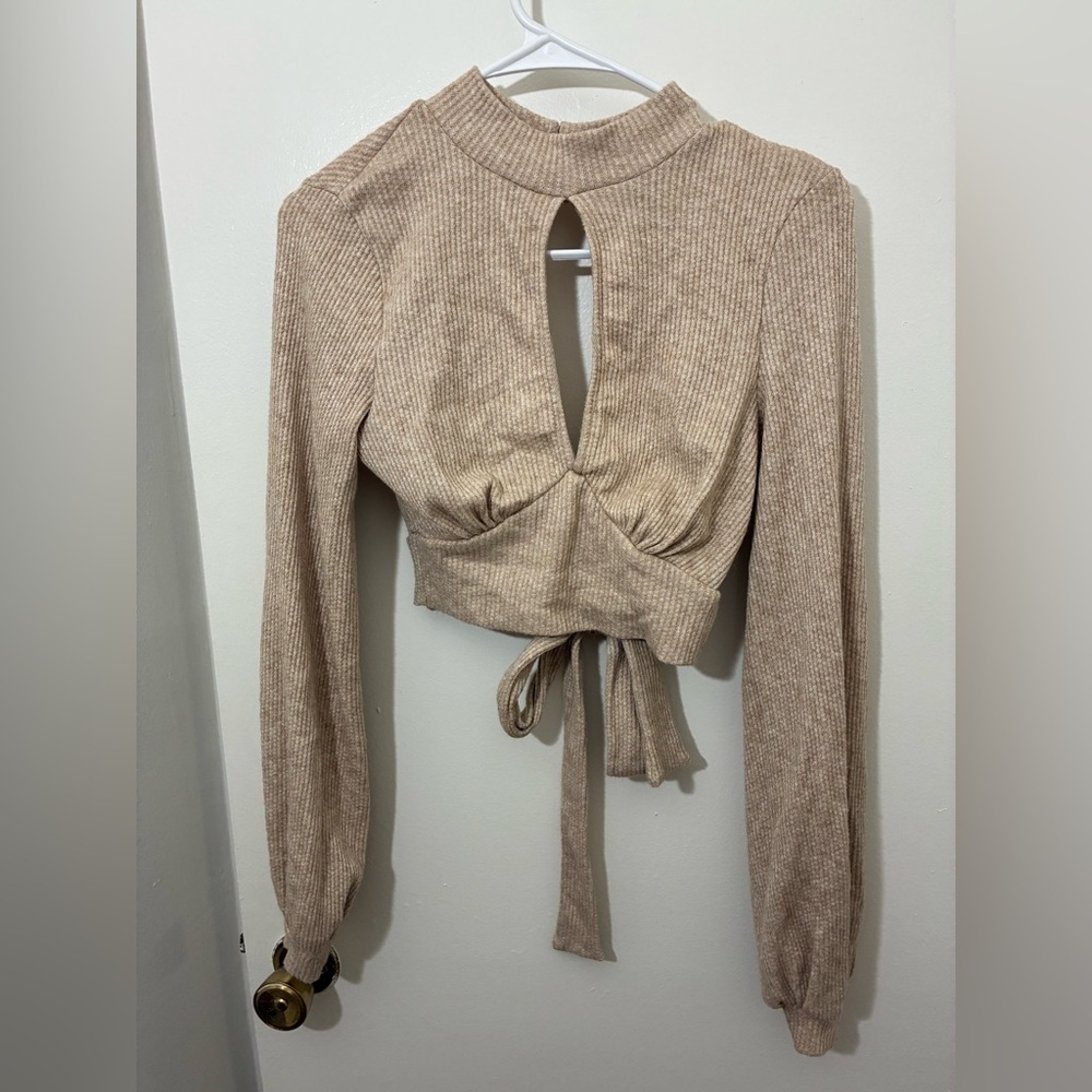 Windsor Tan Ribbed long sleeve Tie Back Crop Top SZ S NWT